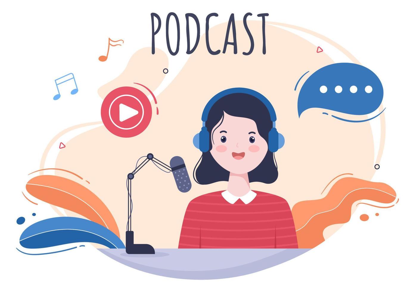 podcast sfondo illustrazione vettoriale persone che utilizzano le cuffie per registrare audio, ospitare intervistare ospiti o spettacoli online con apparecchiature di registrazione del suono e concetto di microfono