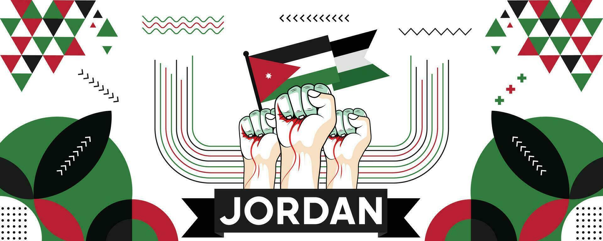 Giordania nazionale o indipendenza giorno bandiera per nazione celebrazione. bandiera di Giordania con sollevato pugni. moderno retrò design con typorgaphy astratto geometrico icone. vettore illustrazione