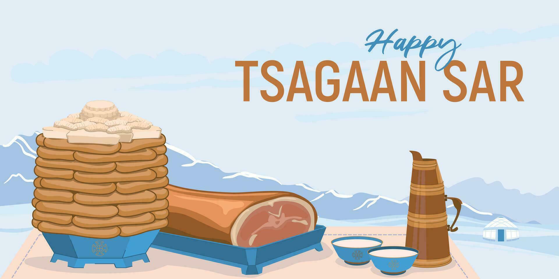 tradizionale piatti per il celebrazione di il mongolo nuovo anno - tsagaan sar. torte e Villetta formaggio. arrostito di pecora semole e latte tè contro il fondale di un' inverno paesaggio. vettore. vettore