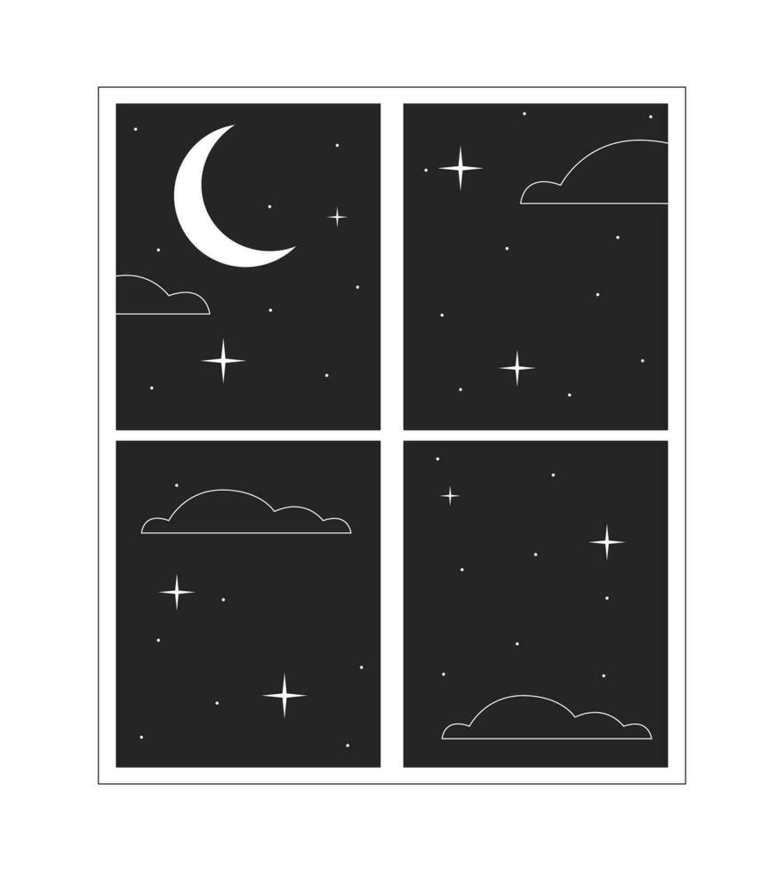 finestra notte nero e bianca 2d linea cartone animato oggetto. ore notturne Luna finestra telaio isolato vettore schema elemento. guardare fuori. Casa interno Visualizza sera monocromatico piatto individuare illustrazione