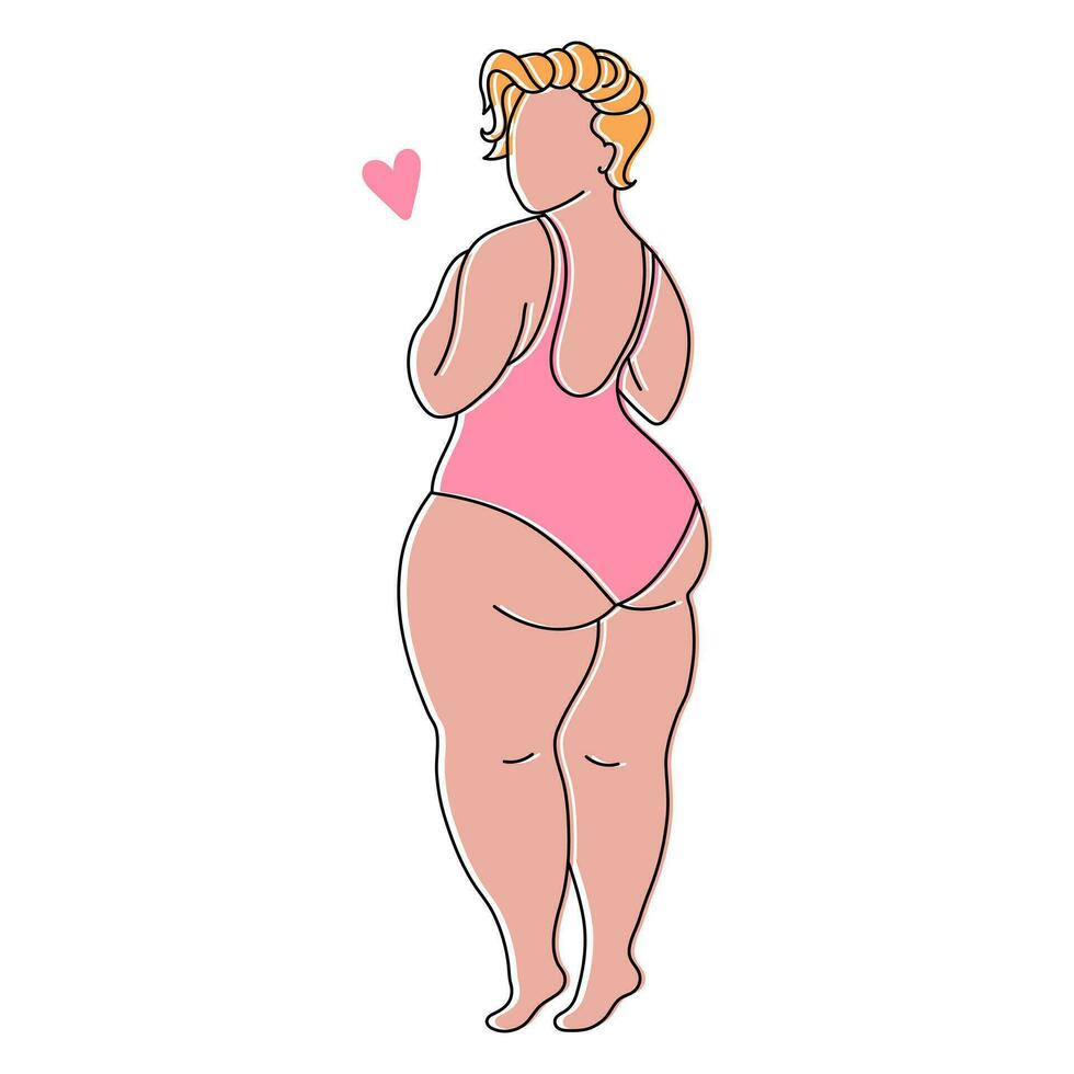 silhouette di un' paffuto donna nel un' costume da bagno, schizzo. bodypositive concetto. linea arte, vettore