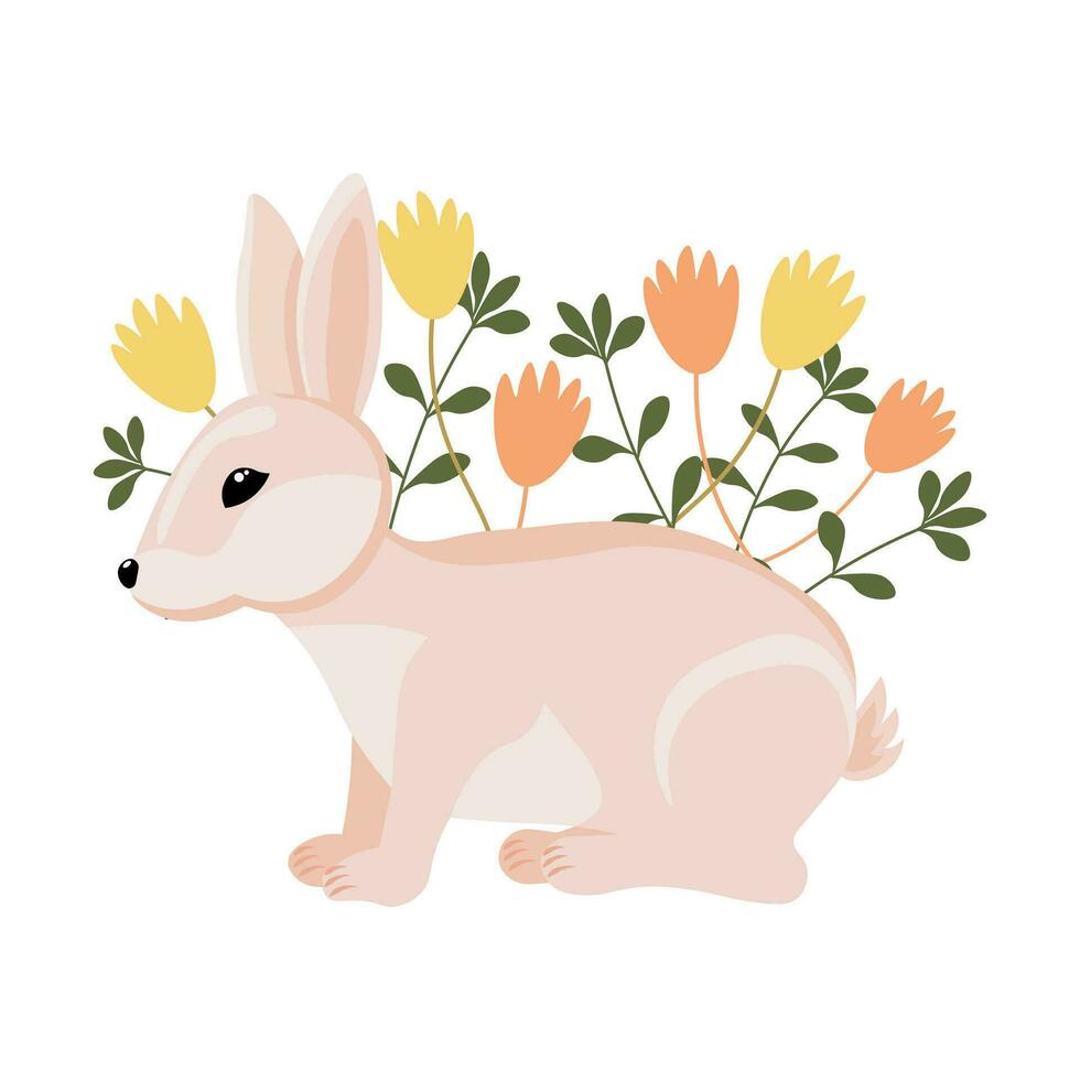 carino Pasqua coniglietto nel primavera fiori su un' bianca sfondo. vacanza Stampa, illustrazione, cartolina, vettore