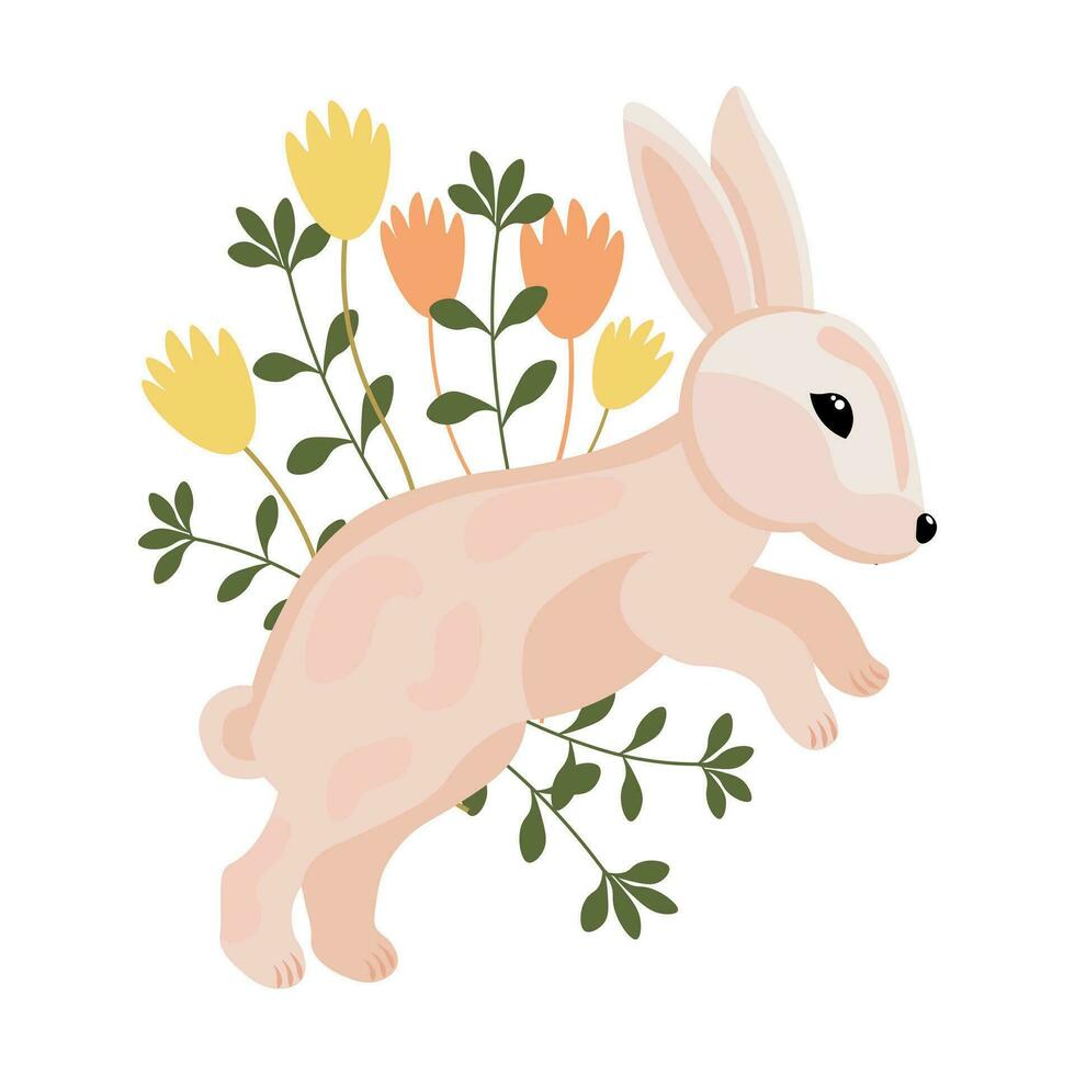 carino Pasqua coniglietto nel primavera fiori su un' bianca sfondo. vacanza Stampa, illustrazione, cartolina, vettore