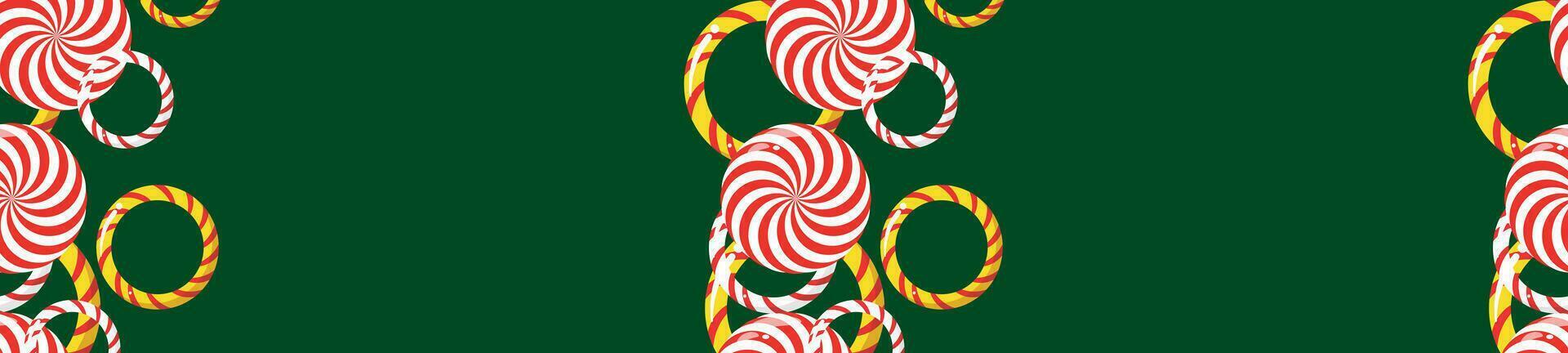 dolce caramella a partire dal un' Natale caramella canna nel rosso e bianca e verde strisce. un vuoto Natale e nuovo anno modello. vettore cartone animato illustrazione isolato su un' bianca sfondo.