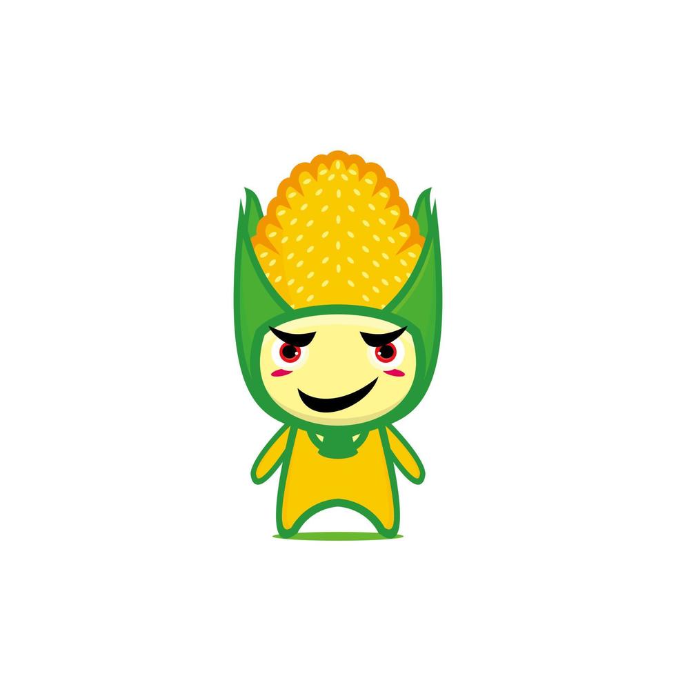 simpatico e divertente personaggio vegetale di mais. progettazione dell'illustrazione del carattere di kawaii del fumetto di vettore. isolato su sfondo bianco vettore