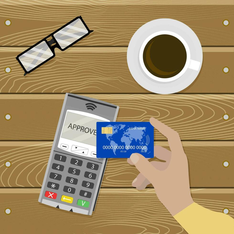 pagamento nfc senza contatto, senza soldi transazione vettore. pagare uso credito carta RFID, illustrazione bancario elettronico terminale, pos dispositivo per pagamento accettazione vettore