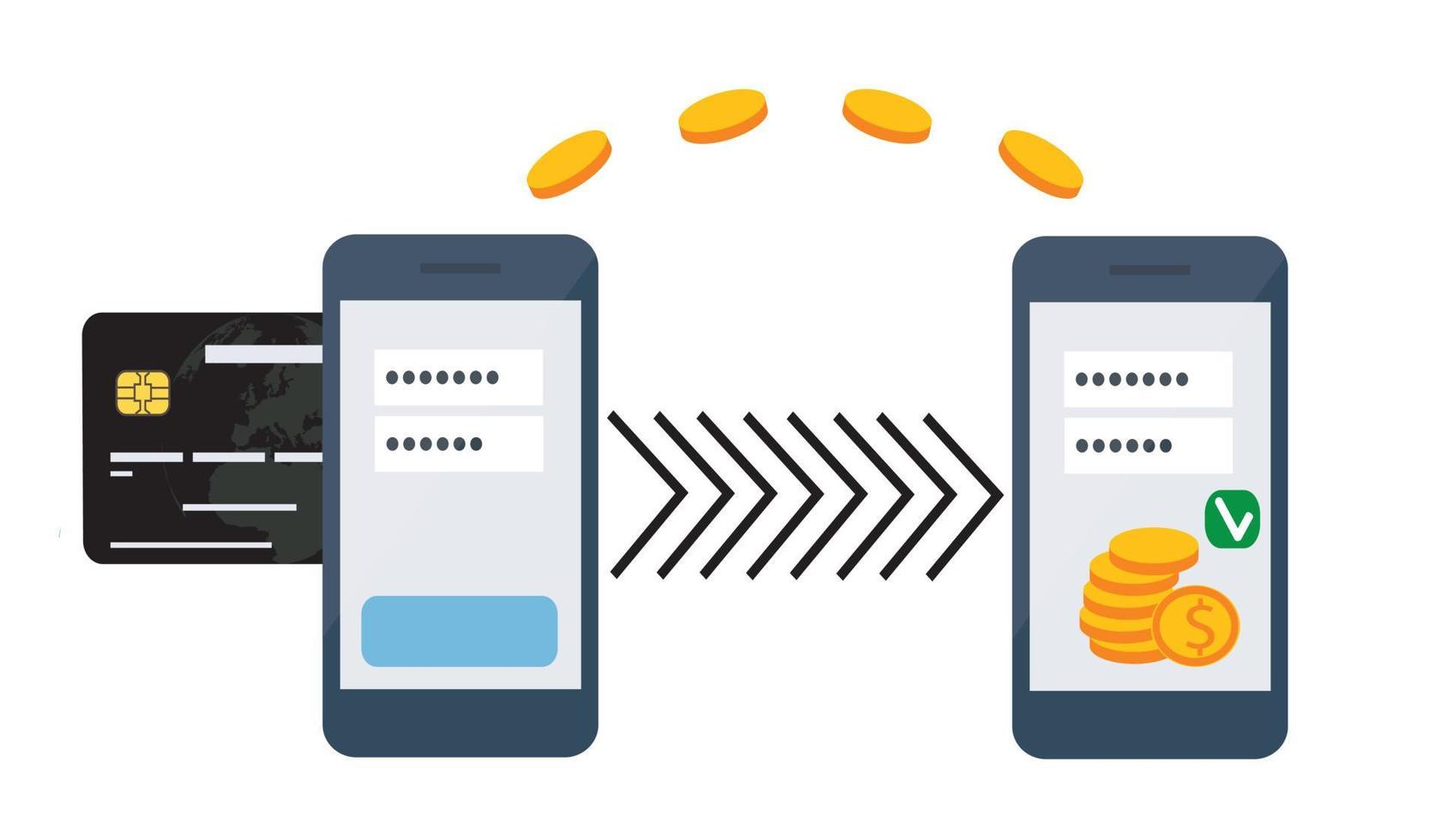 trasferire denaro tramite internet banking online in tutto il mondo illustrazione vettoriale piatta. mani che tengono i telefoni e inviano e ricevono denaro con carta di credito sullo sfondo della mappa del mondo