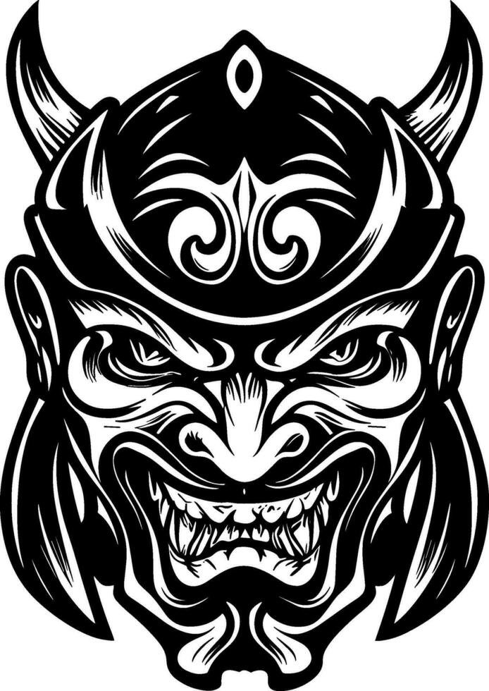 tradizionale giapponese guerriero maschera espressione demonico viso nero e bianca vettore giapponese glifo soldato