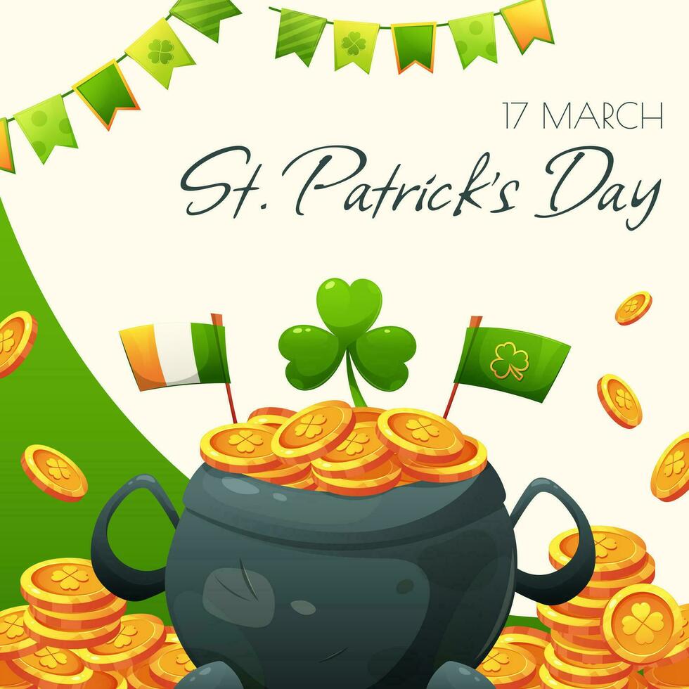 st. Patrick giorno saluto carta. calderone, oro monete con trifoglio, bandiera di Irlanda. vettore illustrazione per vacanza, evento annuncio pubblicitario