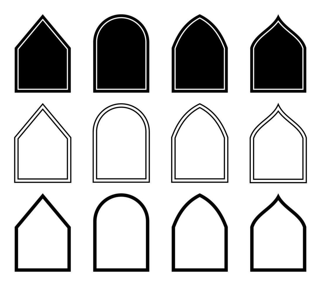 impostato di islamico stile illustrazioni di sagome e Linee. elegante design di porte, finestre, cupole, moschee, lanterne, vettore per islamico vacanze.