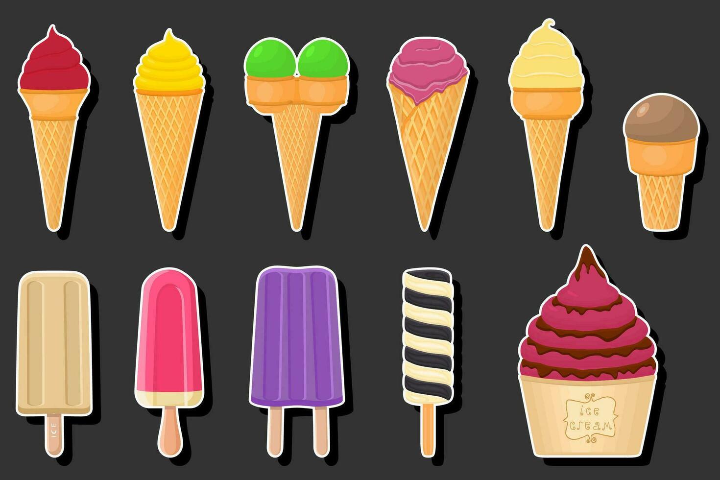 illustrazione su tema grande kit ghiaccio crema diverso tipi nel cono cialda tazza vettore
