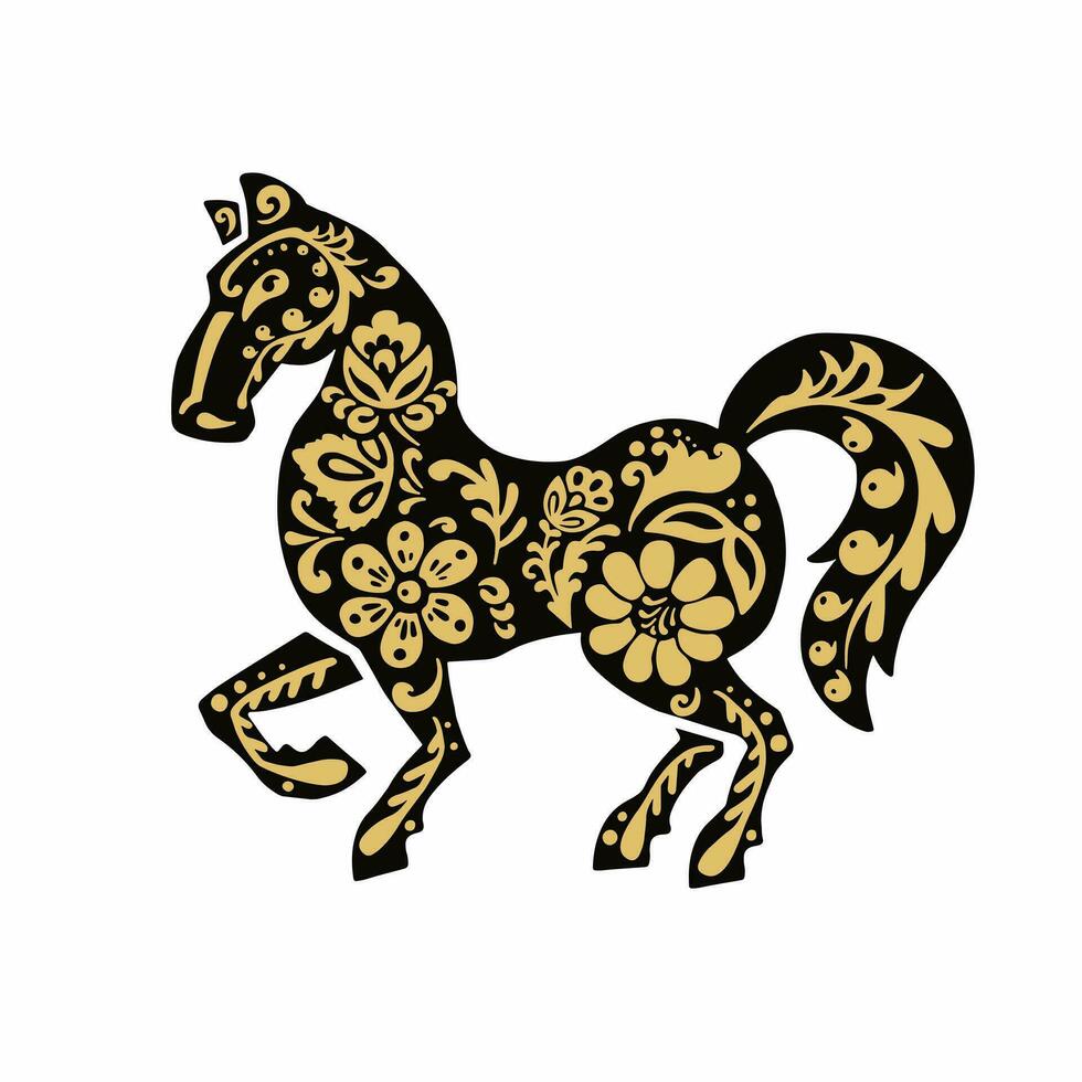 saluto carta cavallo, cavallo con oro nel etnico russo stile, simbolo di il anno, vettore illustrazione eps 10