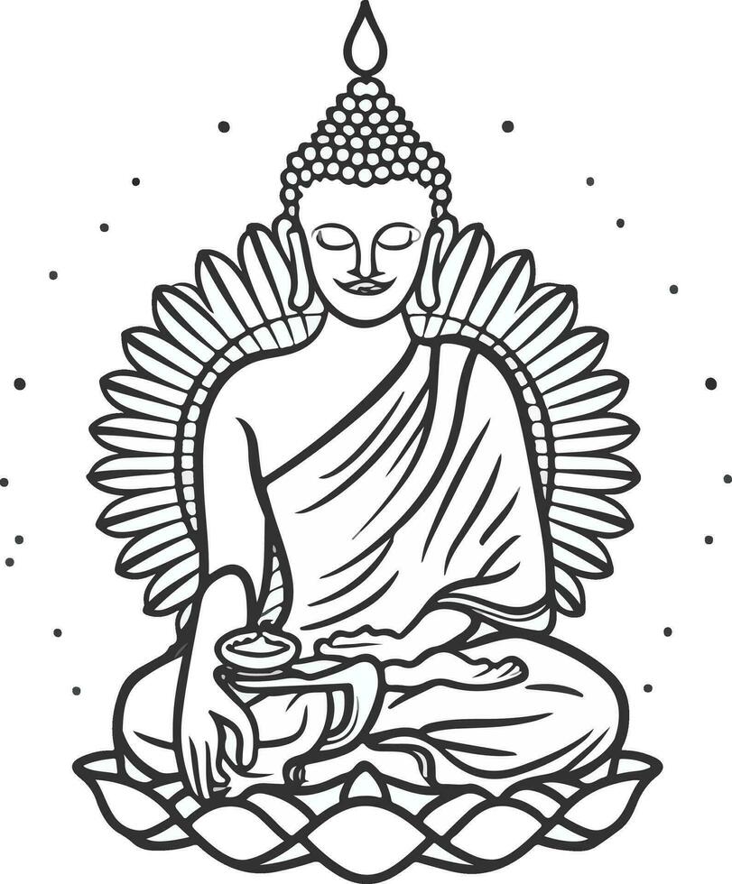Vesak serenità, Budda nel linea arte vettore per tranquillo, calmo riflessione