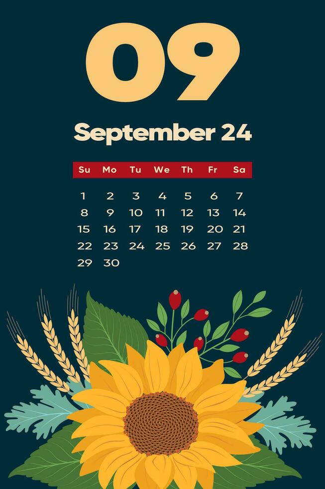 floreale settembre 2024 calendario modello. con luminosa colorato fiori. vettore