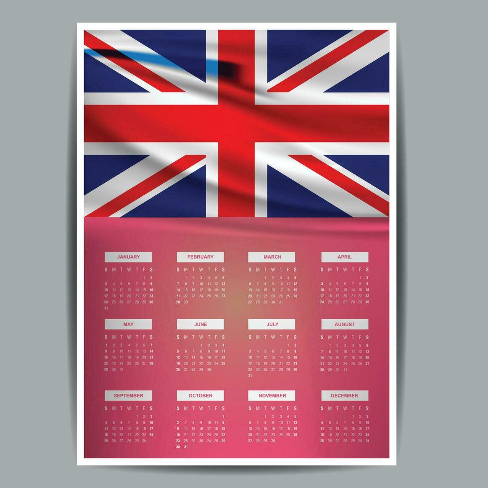 calendario settimana inizia Lunedi con un' aziendale design modello UK bandiera con UK tema colore tutti mese vettore