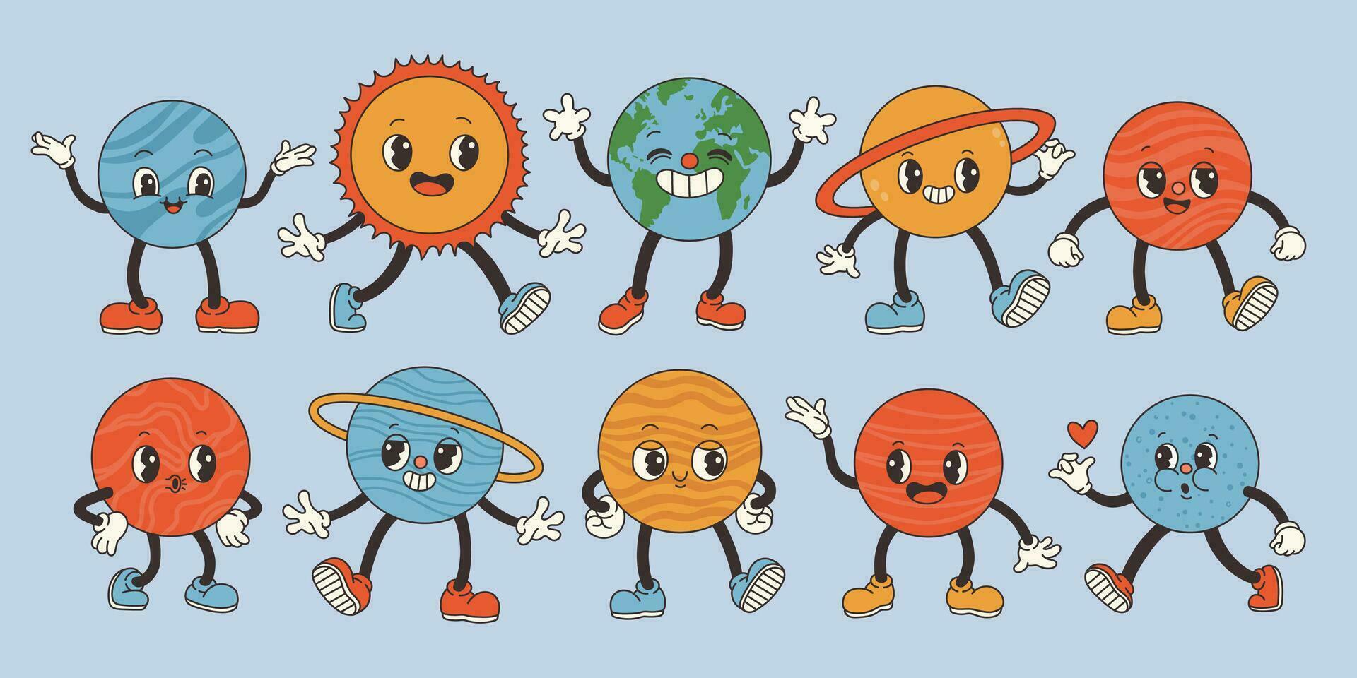 impostato carino cartone animato Groovy pianeti nel retrò stile 60s anni '70. terra giorno e Salva pianeta concetto. piatto vettore illustrazione. vettore illustrazione