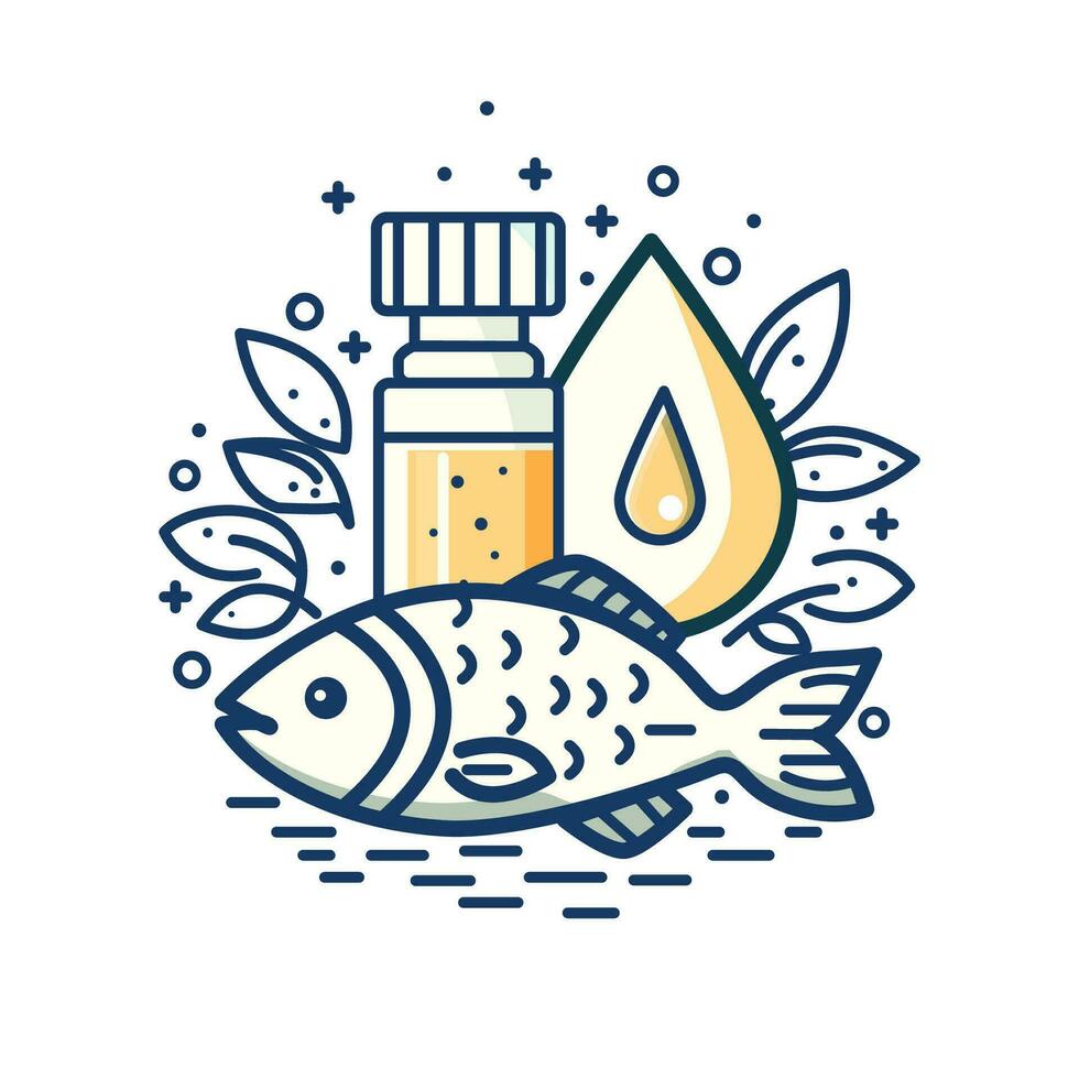 pesce olio far cadere. vettore gocce e pesce logo, trattamento nutrizione pelle cura, omega 3.
