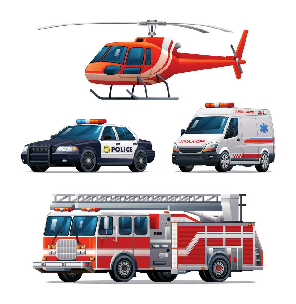 impostato di emergenza veicoli. polizia macchina, ambulanza, fuoco camion e elicottero. ufficiale emergenza servizio veicoli vettore illustrazione
