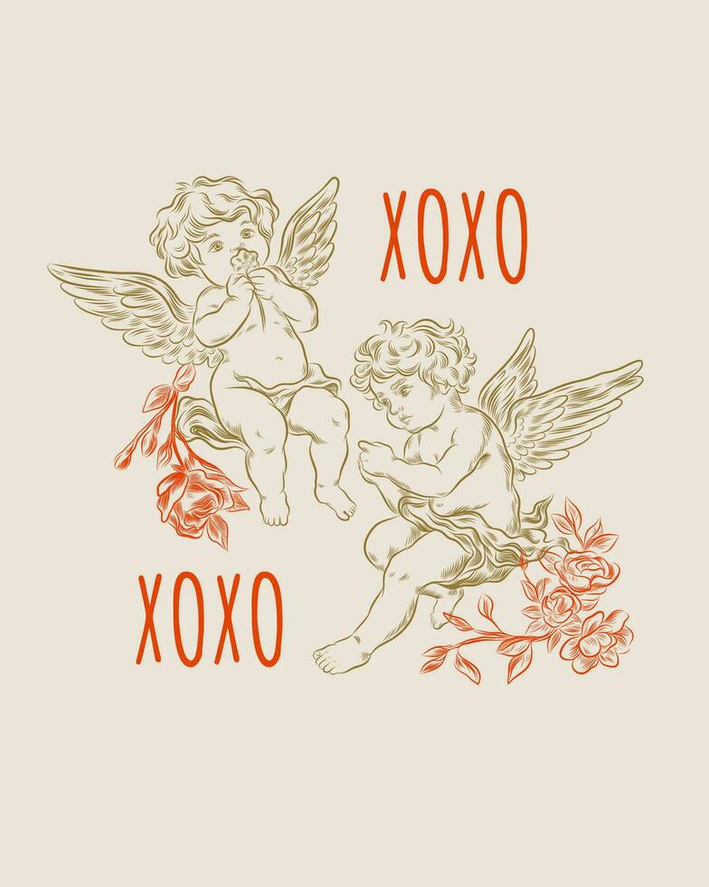 Vintage ▾ San Valentino giorno amorini o poco angeli carte. incisione retrò stile vettore