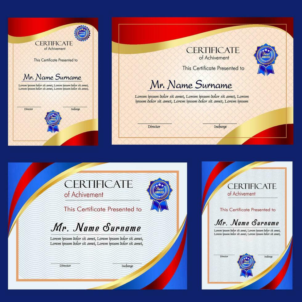 certificato di realizzazione modello impostato con oro distintivo e confine, apprezzamento e realizzazione certificato modello design. elegante diploma certificato modello vettore