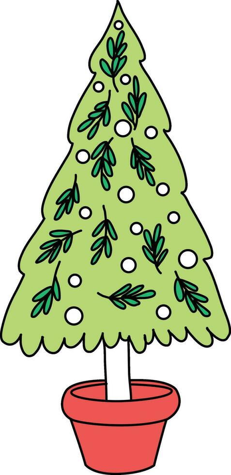 carino disegnato a mano cartone animato Natale albero ornato con luci, palline, e stelle. esso Caratteristiche i regali sotto il albero e servi come un' festivo decorazione per Natale e nuovo anno celebrazioni vettore