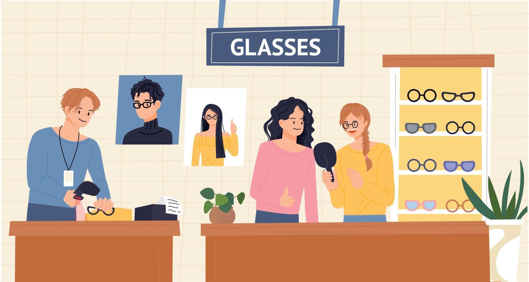 persone e impiegato che scelgono gli occhiali in un negozio di ottica. illustrazione vettoriale stile design piatto.