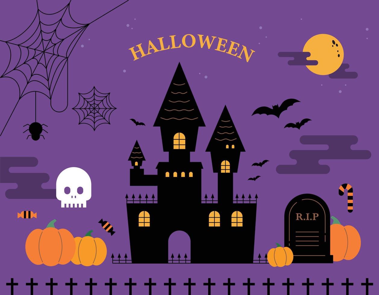 carta di halloween. simpatica sagoma del castello su sfondo viola e oggetti di zucche di halloween intorno ad esso. illustrazione vettoriale stile design piatto.