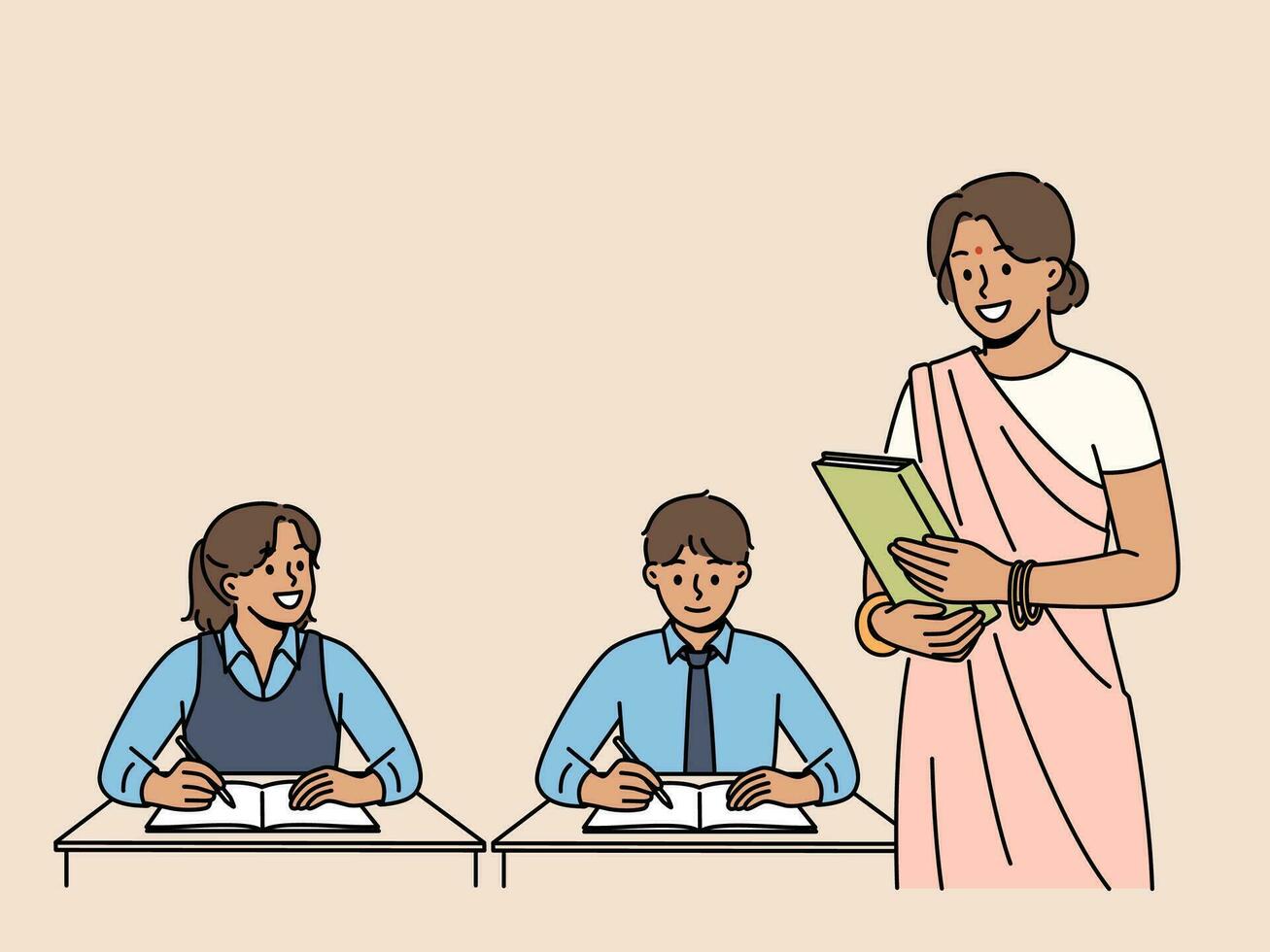 indiano donna insegnante lavori nel primario scuola, in piedi vicino bambini seduta a banchi nel aula. ragazza insegnante a partire dal India, fa carriera nel formazione scolastica e dà bambini nuovo conoscenza. vettore