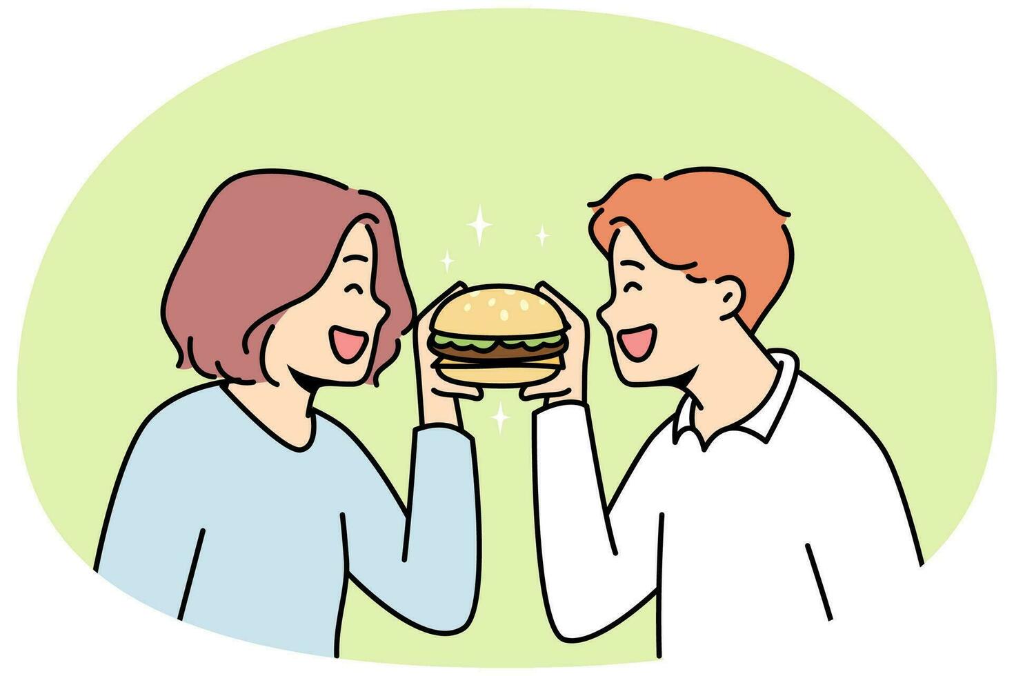 sorridente coppia mangiare gustoso Hamburger insieme. contento uomo e donna godere delizioso hamburger. veloce cibo e ristorante catena. vettore illustrazione.
