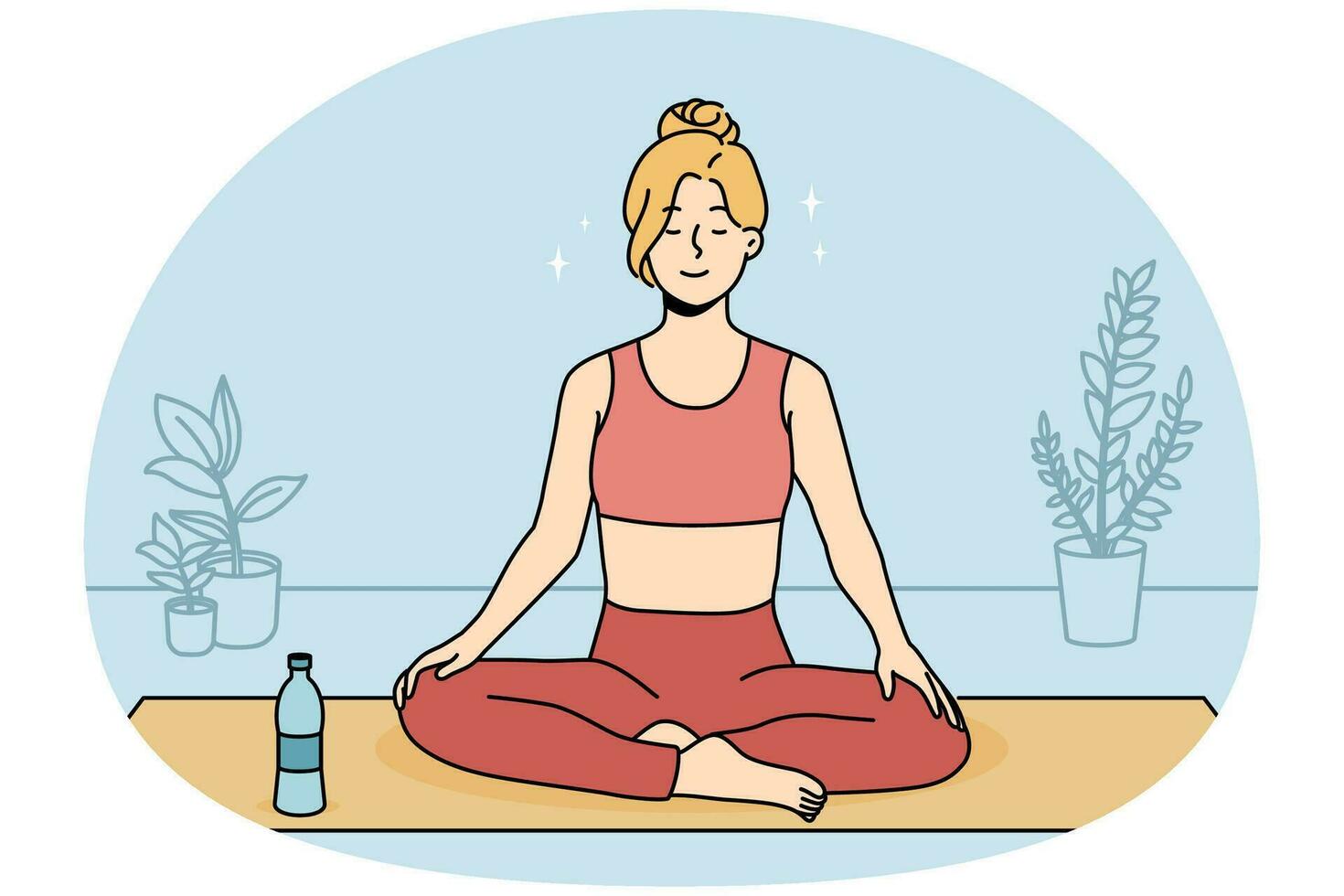 calma giovane donna nel abbigliamento sportivo seduta su stuoia praticante yoga a casa. sorridente rilassato ragazza Meditare al chiuso. meditazione e fatica sollievo. vettore illustrazione.