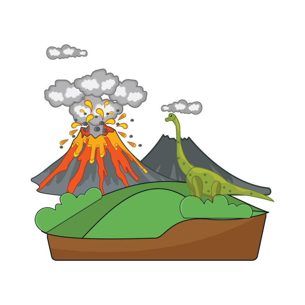vulcano con dinosauro nel montagna illustrazione vettore