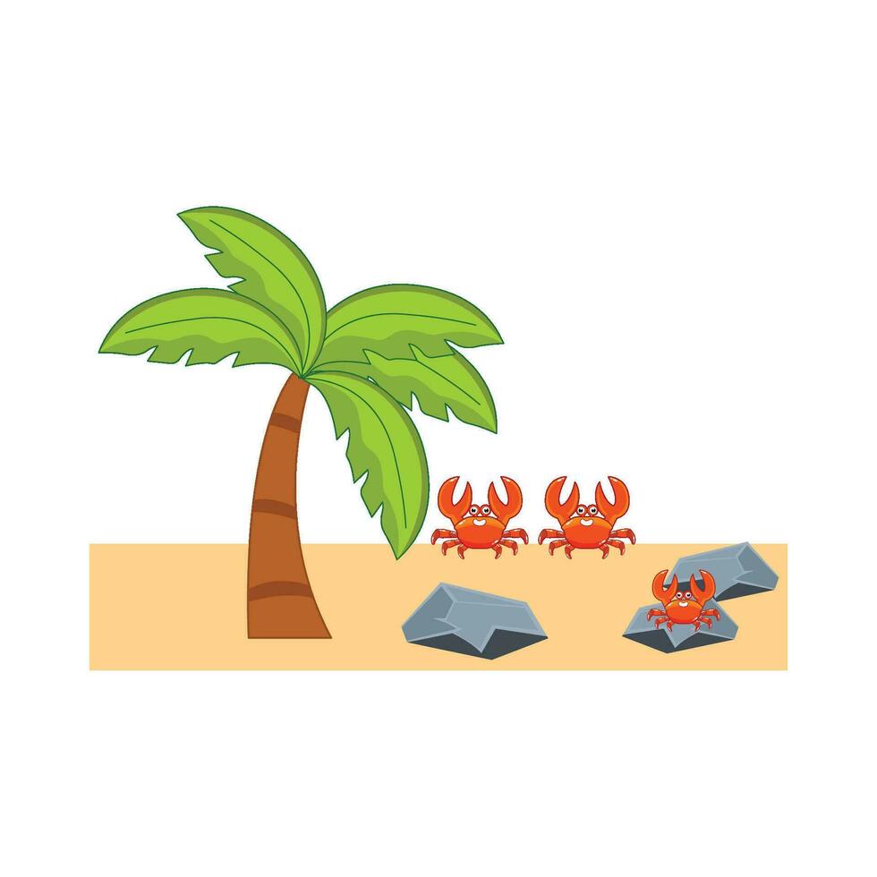 Granchio carattere, palma albero con pietra nel spiaggia illustrazione vettore