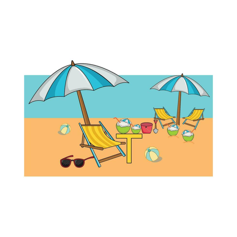 umrbella con sedia nel spiaggia illustrazione vettore