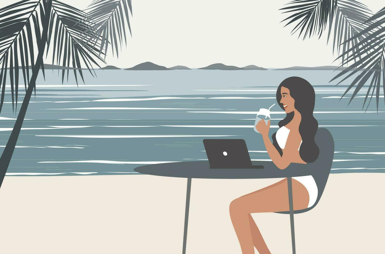 digitale nomade, viaggio e opera, a distanza lavoro, liberi professionisti stile di vita, donna Lavorando in linea mentre in viaggio su spiaggia vettore illustrazione