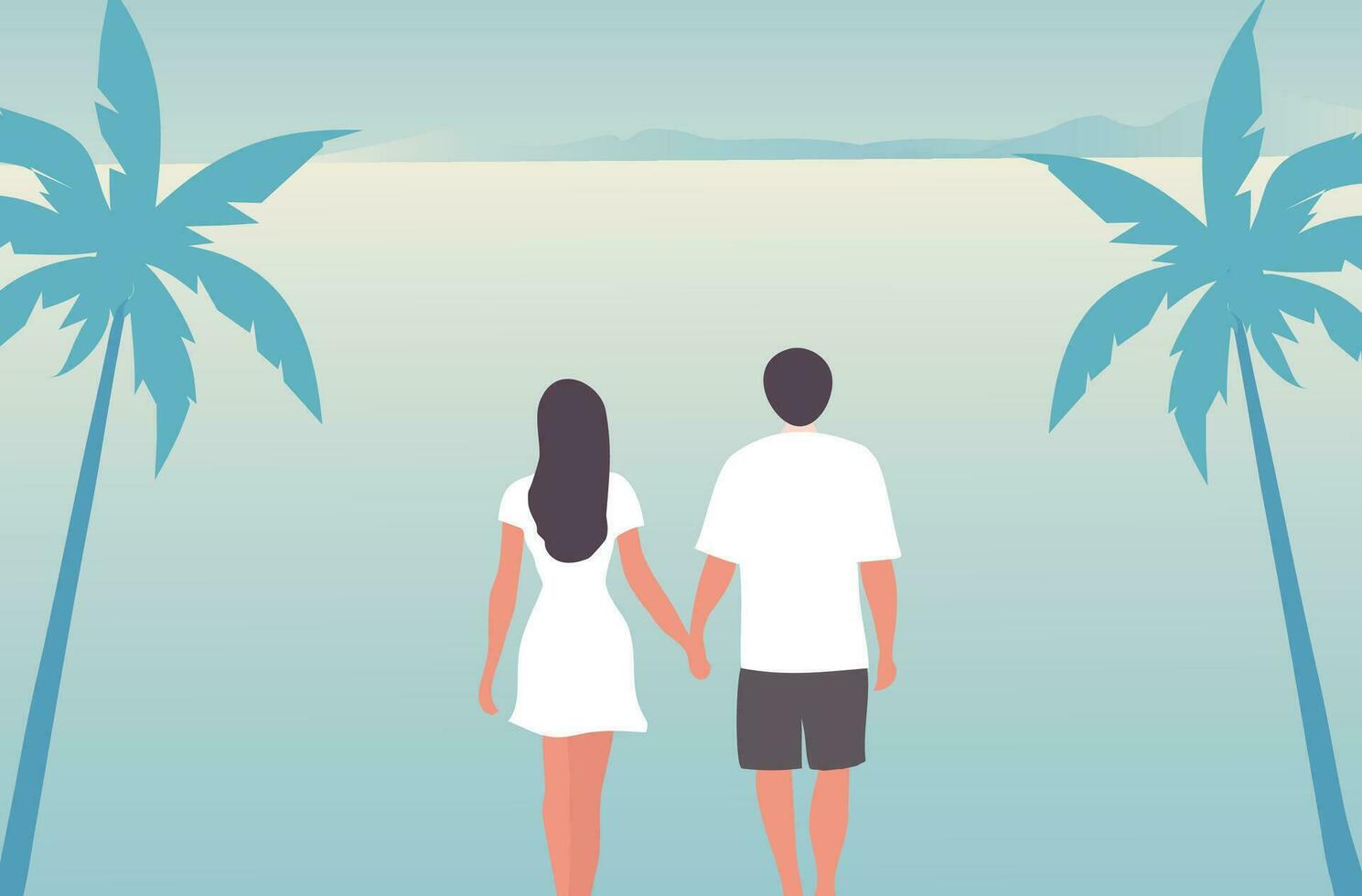 amorevole coppia Abbracciare una persona su il spiaggia Visualizza sfondo vettore illustrazione. contento San Valentino giorno, amore, luna di miele concetto