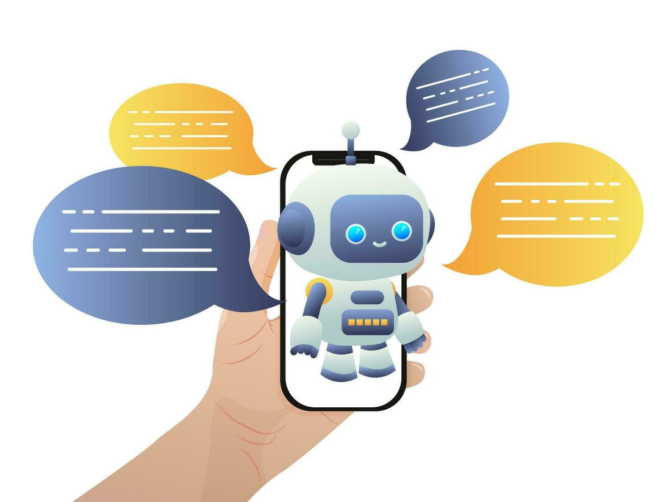 carino cartone animato robot. ai soddisfare Generatore. chatbot tecnologia. ai Chiacchierare Bot basato su artificiale intelligenza e neurale reti. persone uso chatbot. vettore. vettore