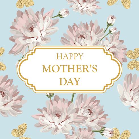 Buona festa della mamma. Crisantemi shabby chic su sfondo verde azzurro con cornice e testo. Carta floreale, carina Vector illustartion