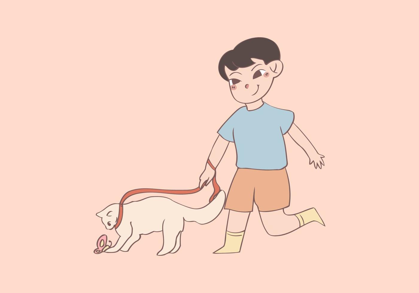 simpatico ragazzino cammina con il suo gatto, illustrazione di stile disegnata a mano vettore