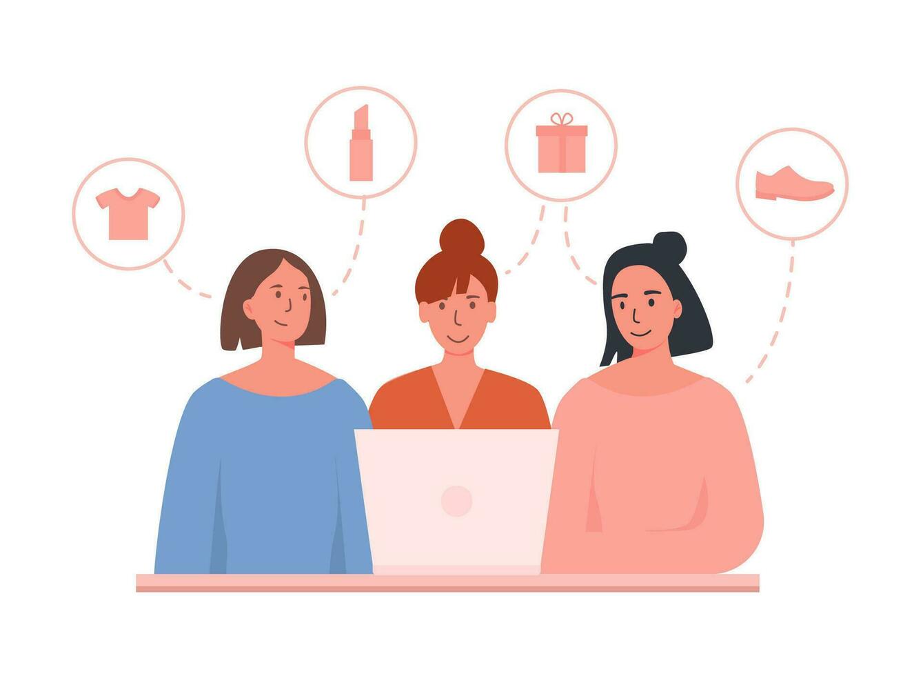 amiche ordinazione in linea su il computer portatile. shopping insieme con amici su Al dettaglio negozio. la scelta diverso elementi regalo, scarpe, cosmetici, Abiti. bandiera per e-commerce sito web. vettore illustrazione.