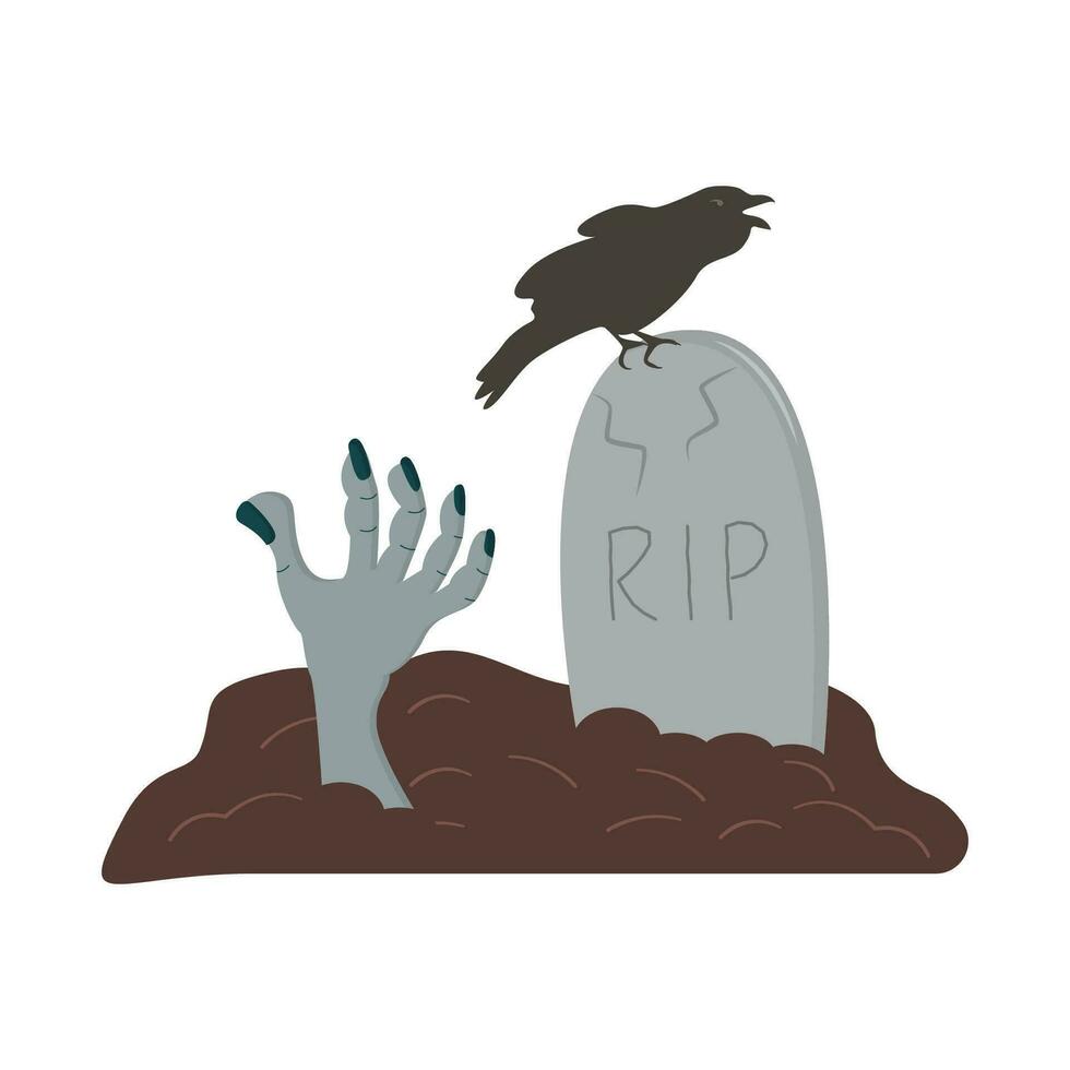 zombie mano su cimitero con lapide e corvo seduta su esso. raccapricciante scena su cimitero per Halloween evento. composizione per cartolina. vettore illustrazione isolato su bianca.