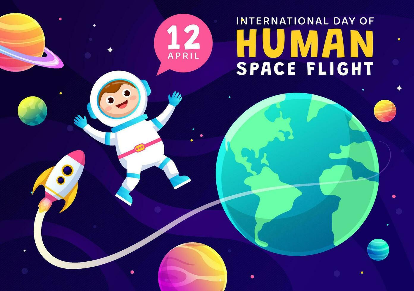 internazionale giorno di umano spazio volo vettore illustrazione su 12 aprile con astronauta in piedi su il Luna, trasmettitore satelliti e pianeti
