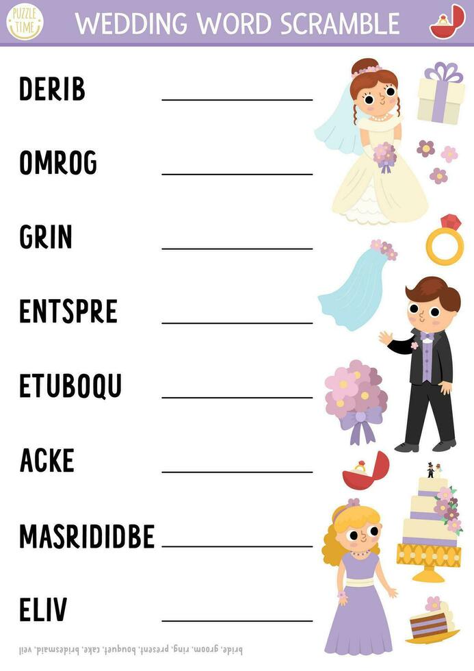 vettore nozze parola corsa attività pagina. inglese linguaggio gioco con sposa e sposo per bambini. matrimonio cerimonia famiglia quiz con damigella d'onore, squillo, torta. educativo stampabile foglio di lavoro.