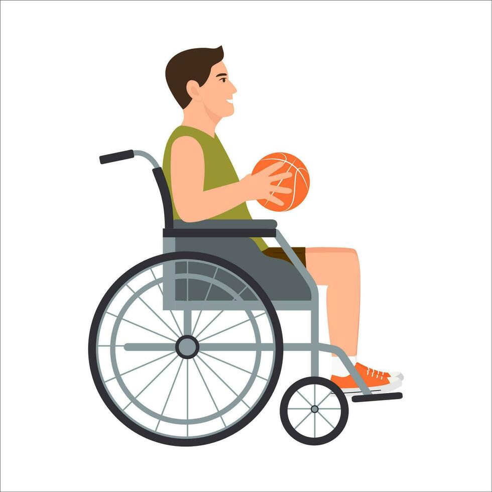 pallacanestro giocatore nel un' sedia a rotelle detiene un' sfera. adattabile gli sport per persone con disabilità. isolato vettore illustrazione