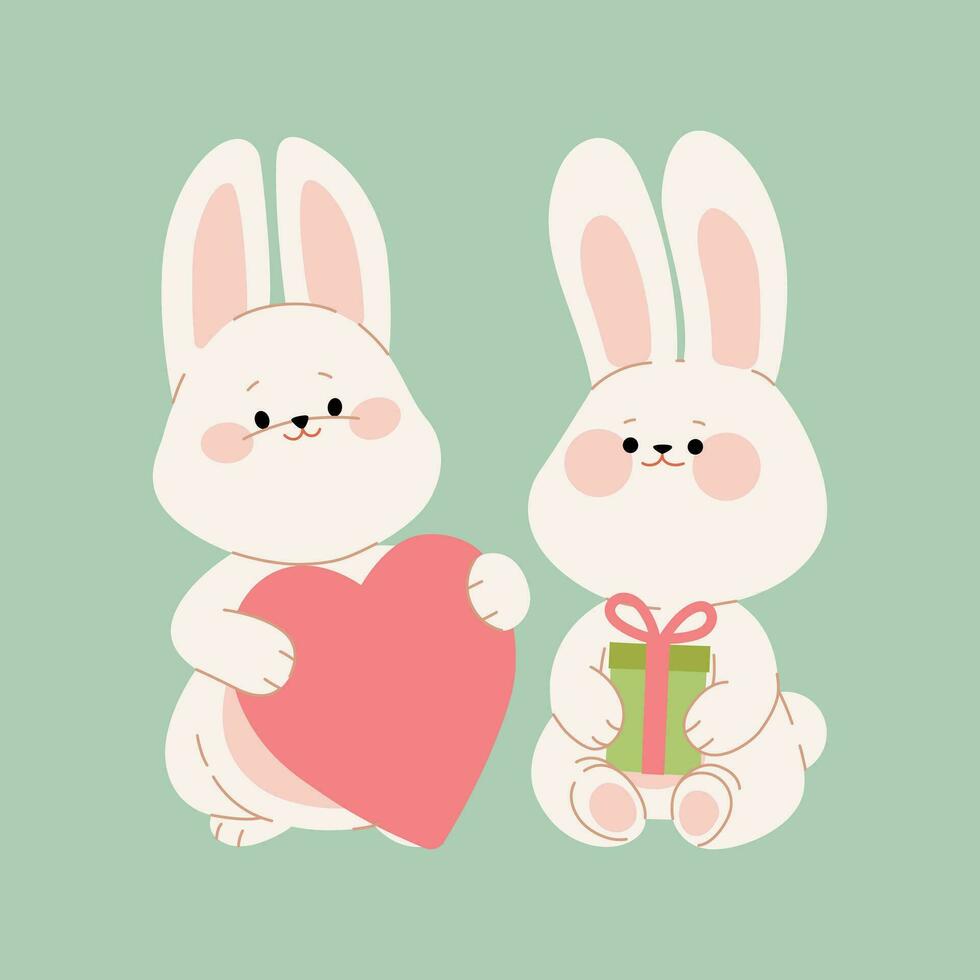 carino coppia di conigli con un' regalo scatola e cuore. cartone animato personaggi di il coniglietto ragazzo e coniglietto ragazza. kawaii lepri per progettazione San Valentino giorno, compleanno, e Pasqua carte, adesivi, striscioni, o imballare vettore
