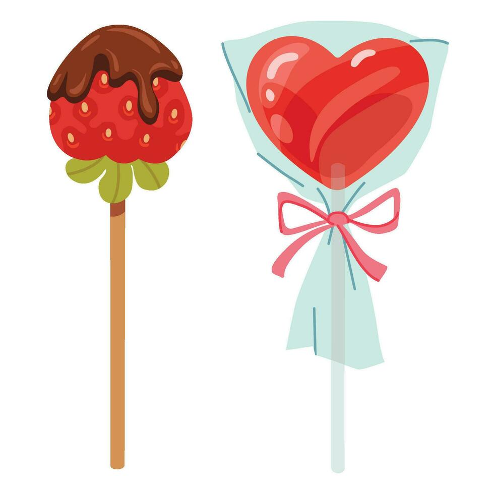 cuore sagomato lecca-lecca caramella e cioccolato coperto fragola. rosso caramella e frutta su il bastone. amore dolce simboli per San Valentino giorno, nuovo anno, Natale saluto carta, invito, e ragnatela design. vettore