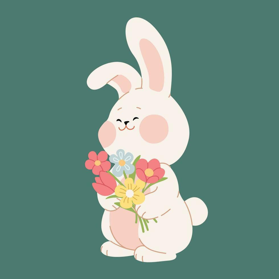 un' carino bianca coniglietto coniglio detiene un' fiore mazzo. piatto cartone animato lepre personaggio per un' contento San Valentino giorno, Pasqua, o compleanno saluto carta, invito, etichetta, o striscione. vettore illustrazione.