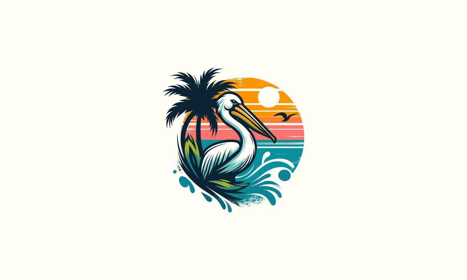 pellicano su mare e palma vettore illustrazione logo piatto design