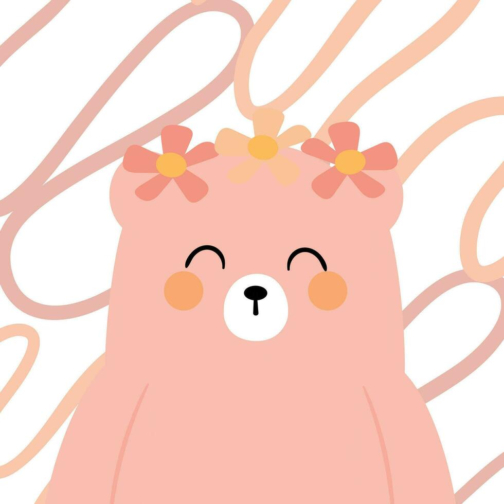 carino illustrazione di un' cartone animato rosa orso indossare un' fiore su suo testa con carino grafia. carino animale sfondi, sfondi e carte vettore