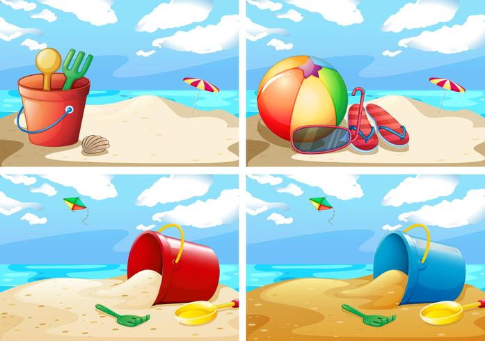 Scene con spiaggia e giocattoli vettore