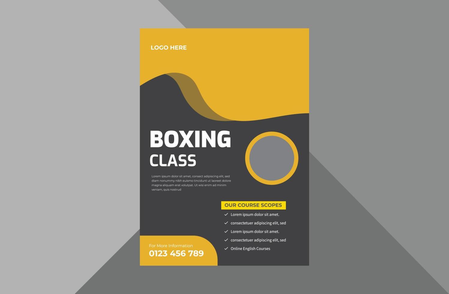 modello di progettazione volantino scuola di boxe. disegno del volantino del poster di sport di boxe. modello a4, design brochure, copertina, volantino, poster, pronto per la stampa vettore